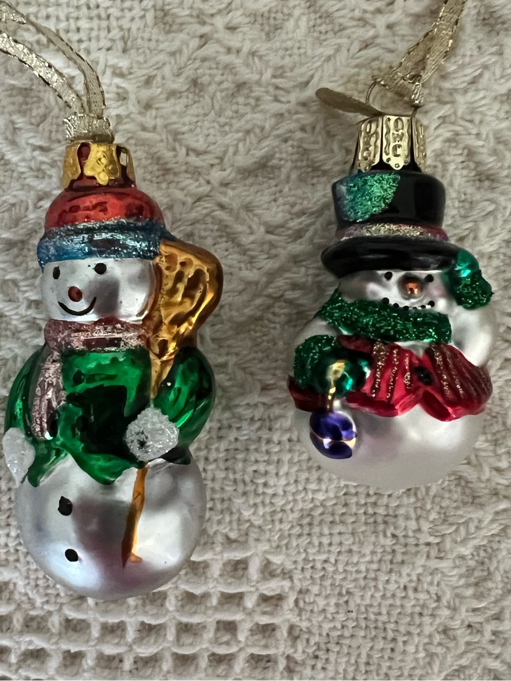 2 Holiday Blowed Glass Snowmen 
Ornaments - Multi Colored 1 Old World